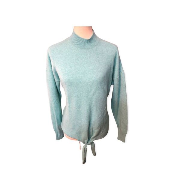 Loft turquoise wool blend front knot long sleeve sweater mock turtleneck size M - Picture 2 of 6